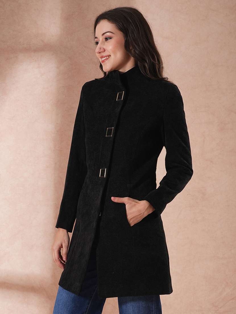 globus women black mock neck long sleeves self design 2 pockets tailored fit winter wear over coat - 21649586 -  Standard Image - 1