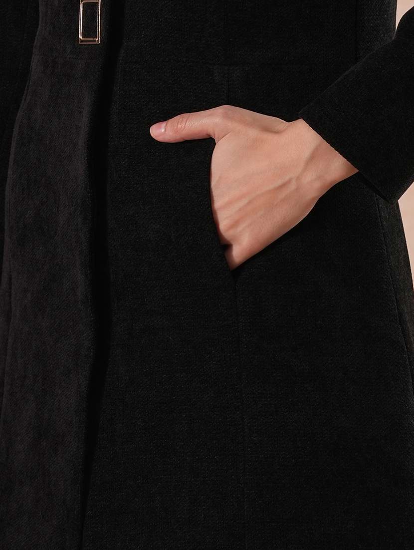 globus women black mock neck long sleeves self design 2 pockets tailored fit winter wear over coat - 21649586 -  Standard Image - 4