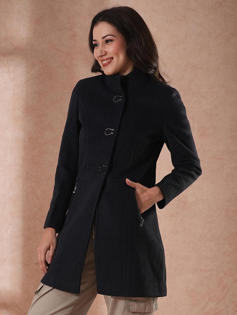 globus women black mock neck long sleeves self design 2 pockets tailored fit winter wear overcoat - 21649592 - Standard Image - 1