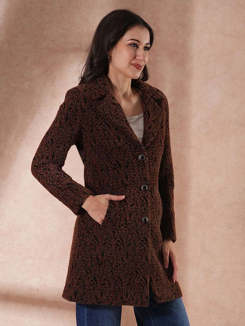 globus women notched lapel long sleeves self design 2 pockets tailored fit winter wear overcoat - 21649594 -  Standard Image - 1