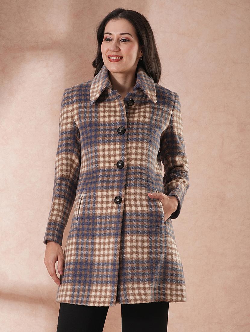 globus women blue spread collar long sleeves faux fur trim checked self design 2 pockets tailored fit winter wear overcoat - 21649597 - Zoom Image - 0