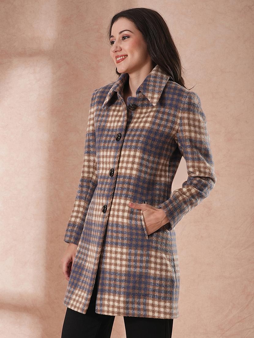 globus women blue spread collar long sleeves faux fur trim checked self design 2 pockets tailored fit winter wear overcoat - 21649597 - Standard Image - 1
