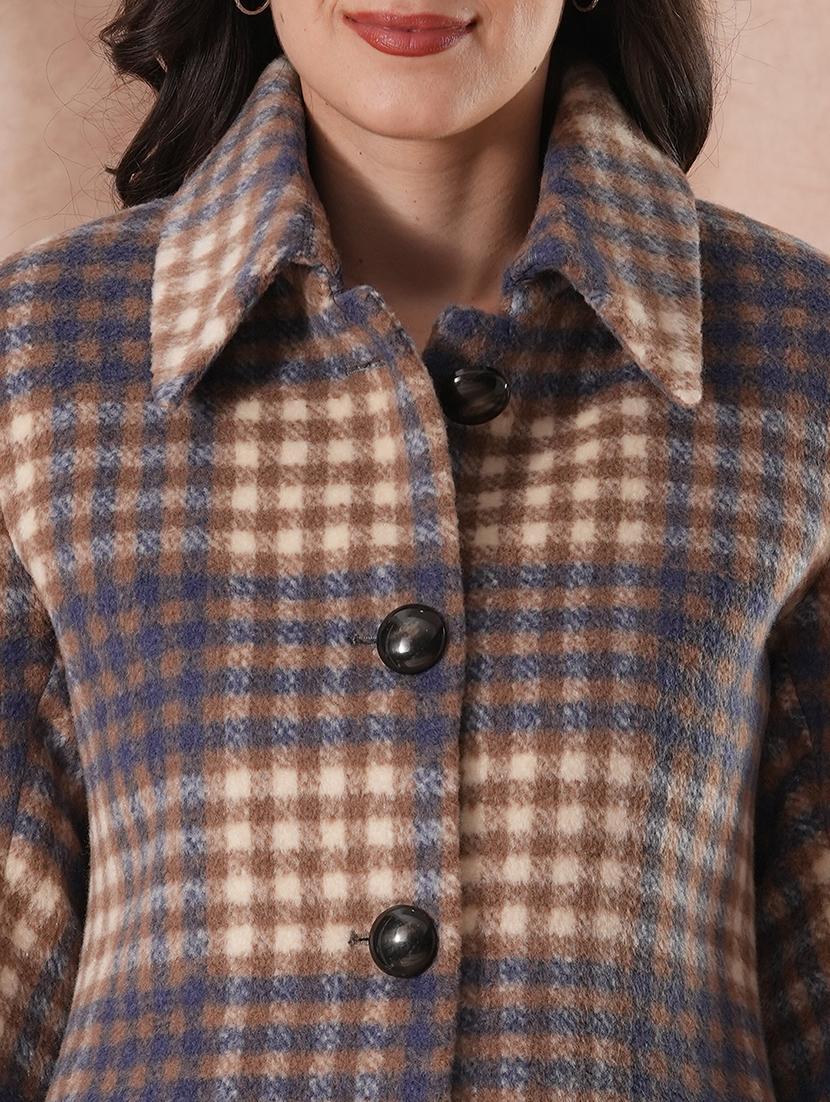 globus women blue spread collar long sleeves faux fur trim checked self design 2 pockets tailored fit winter wear overcoat - 21649597 - Standard Image - 4