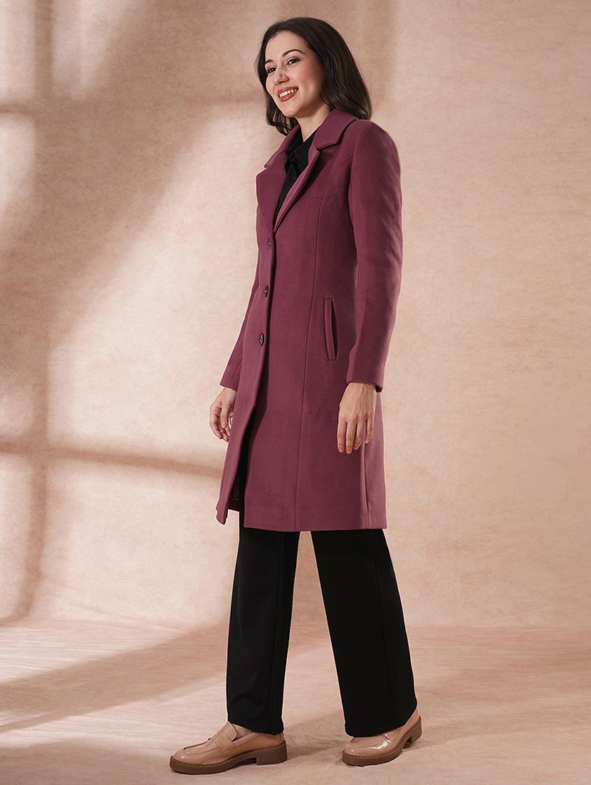 globus women mauve notched lapel long sleeves self design 2 pockets tailored fit winter wear pea coat - 21649600 - Standard Image - 1