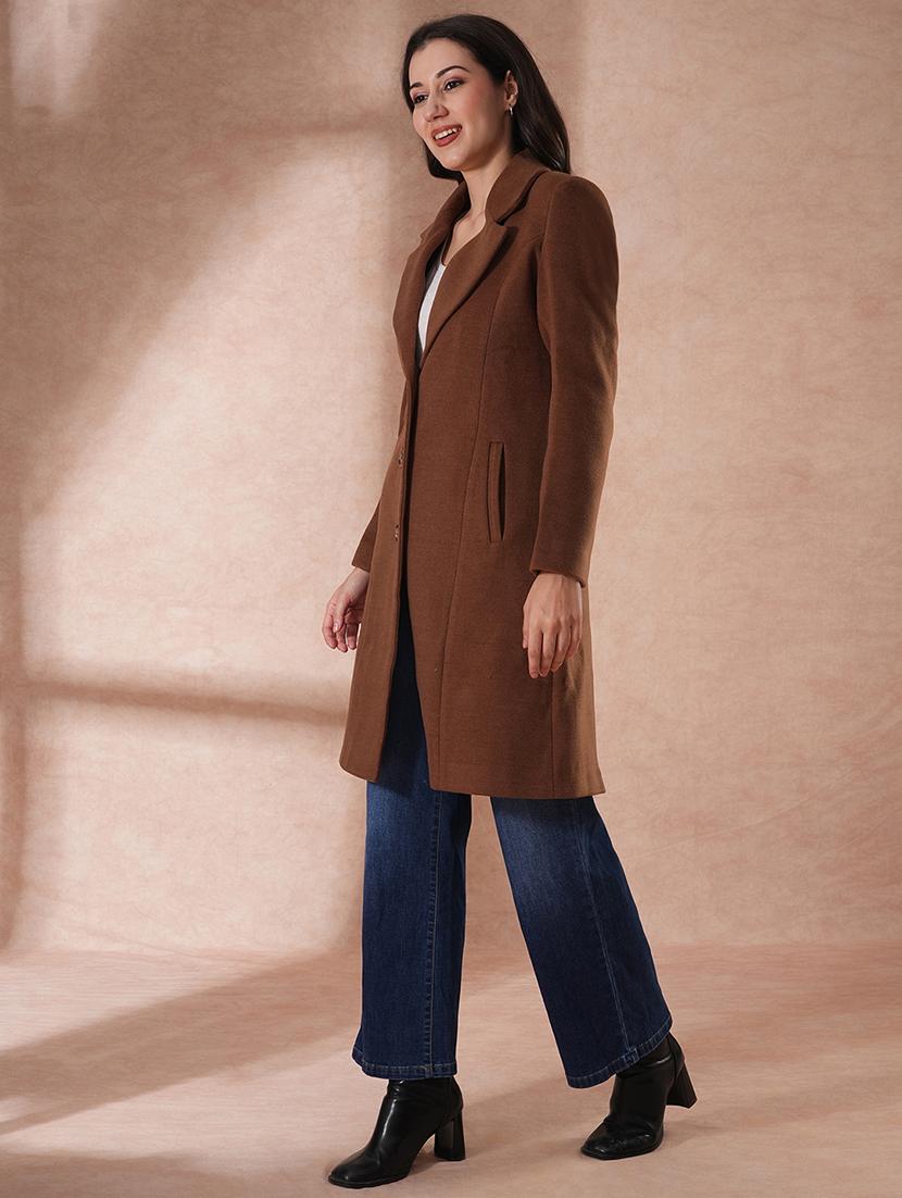 globus women beige notched lapel long sleeves self design 2 pockets tailored fit winter wear pea coat - 21649602 - Standard Image - 1
