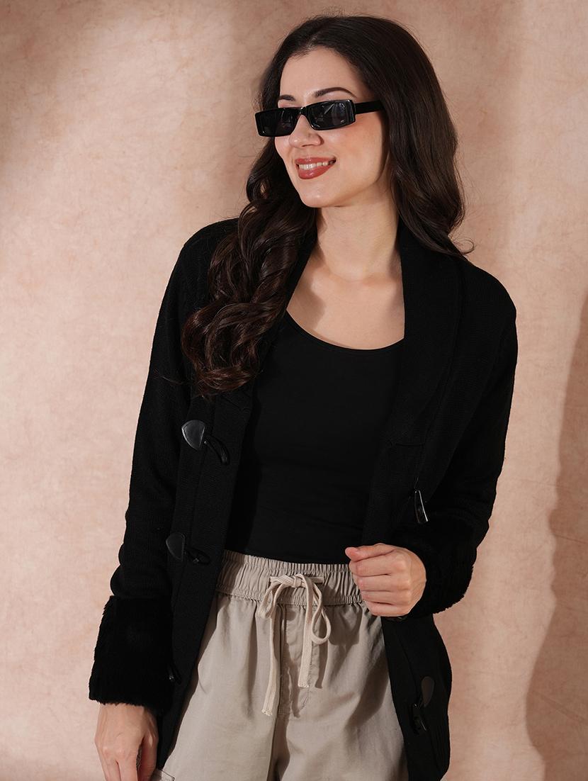 globus women black shawl collar faux fur cuffed sleeves front opening cardigan sweater - 21649607 - Standard Image - 4
