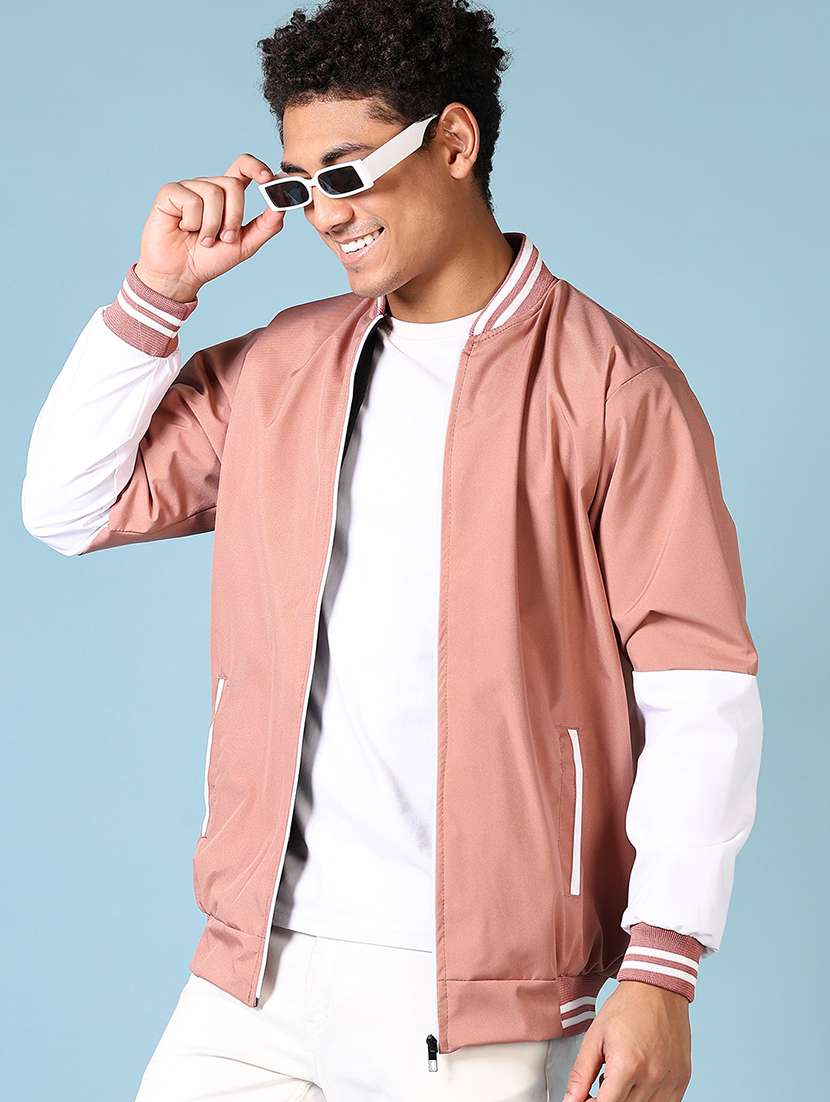 men peach solid long sleeve varsity jacket - 21649756 -  Standard Image - 1