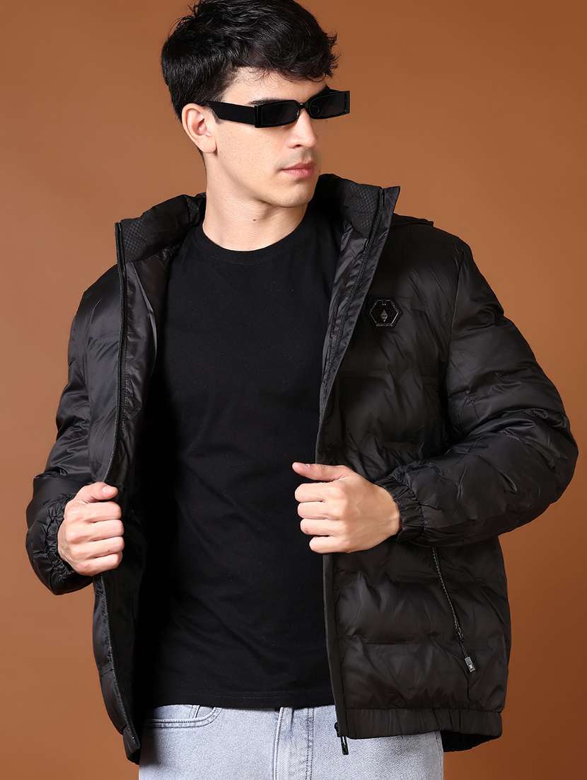 men solid long sleeve hooded puffer jacket