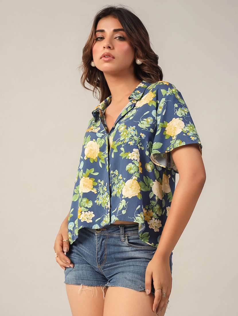 women floral print collared high low shirt - 21650221 -  Standard Image - 1