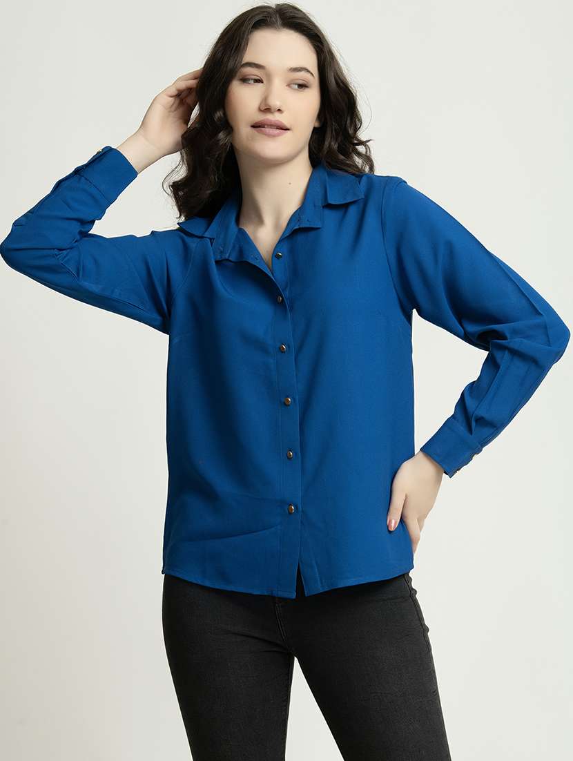 women solid collared long sleeves shirt - 21650228 -  Standard Image - 1
