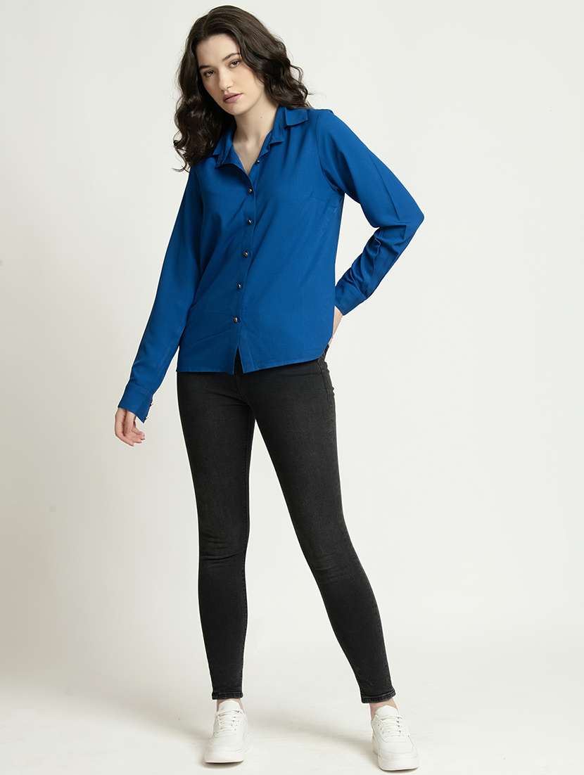women solid collared long sleeves shirt - 21650228 -  Standard Image - 4