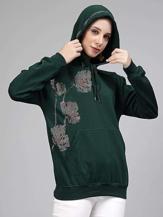 women long sleeve hooded sweatshirt crystal work - 21650244 -  Standard Image - 1