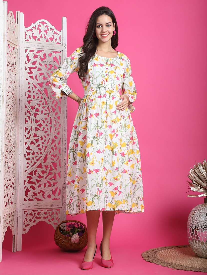 women floral printed round neck maternity dress