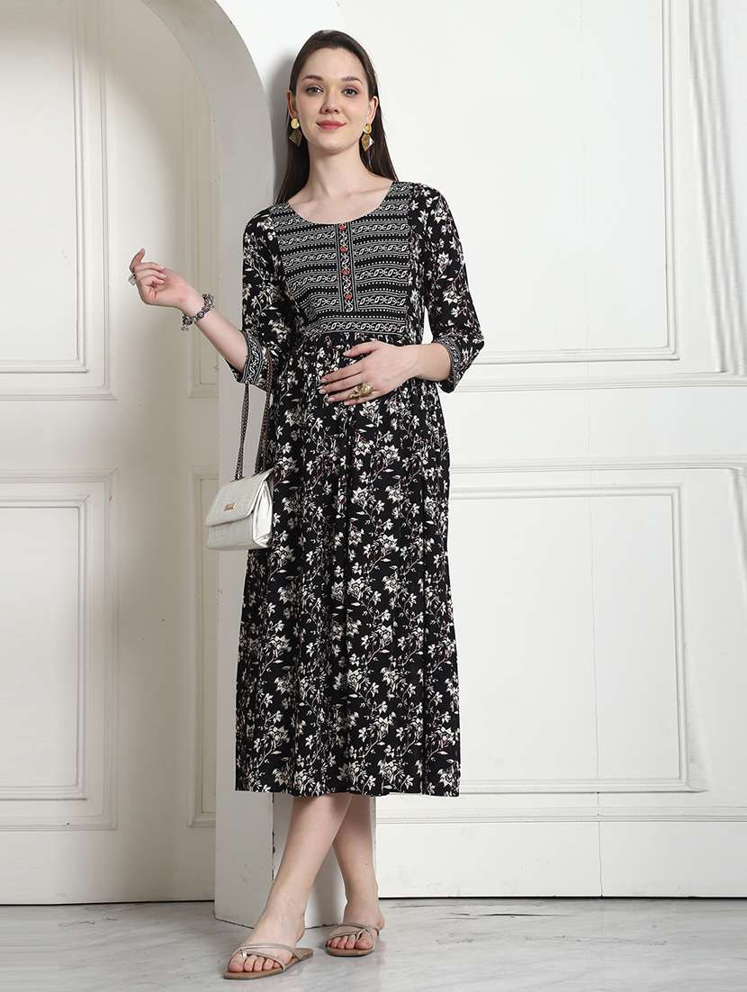 women floral printed round neck maternity dress - 21650280 - Standard Image - 1