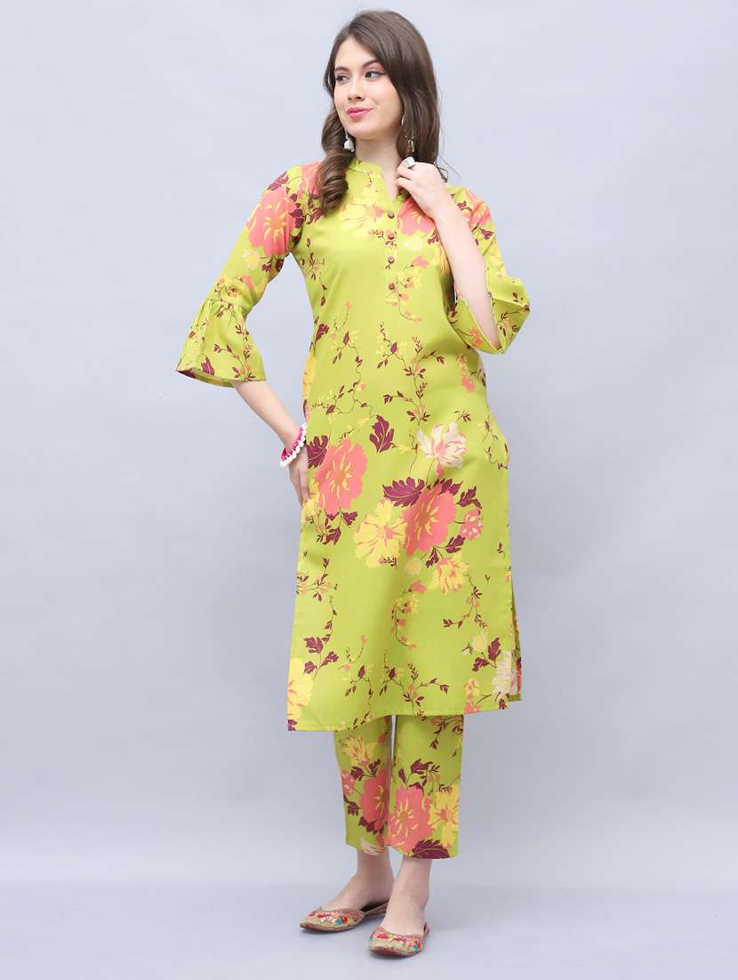 women lime floral mandarin neck kurta pant set - 21650363 -  Standard Image - 1