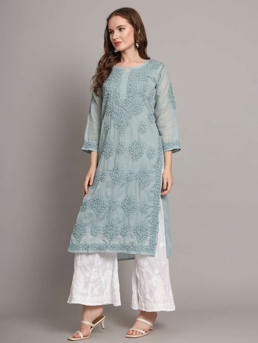 women chikankari three quarter sleeve straight kurta - 21650892 -  Standard Image - 1
