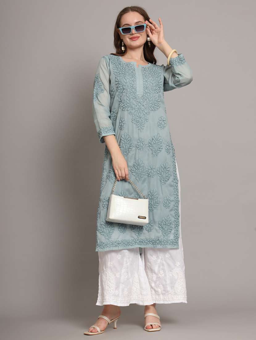 women chikankari three quarter sleeve straight kurta - 21650892 -  Standard Image - 4
