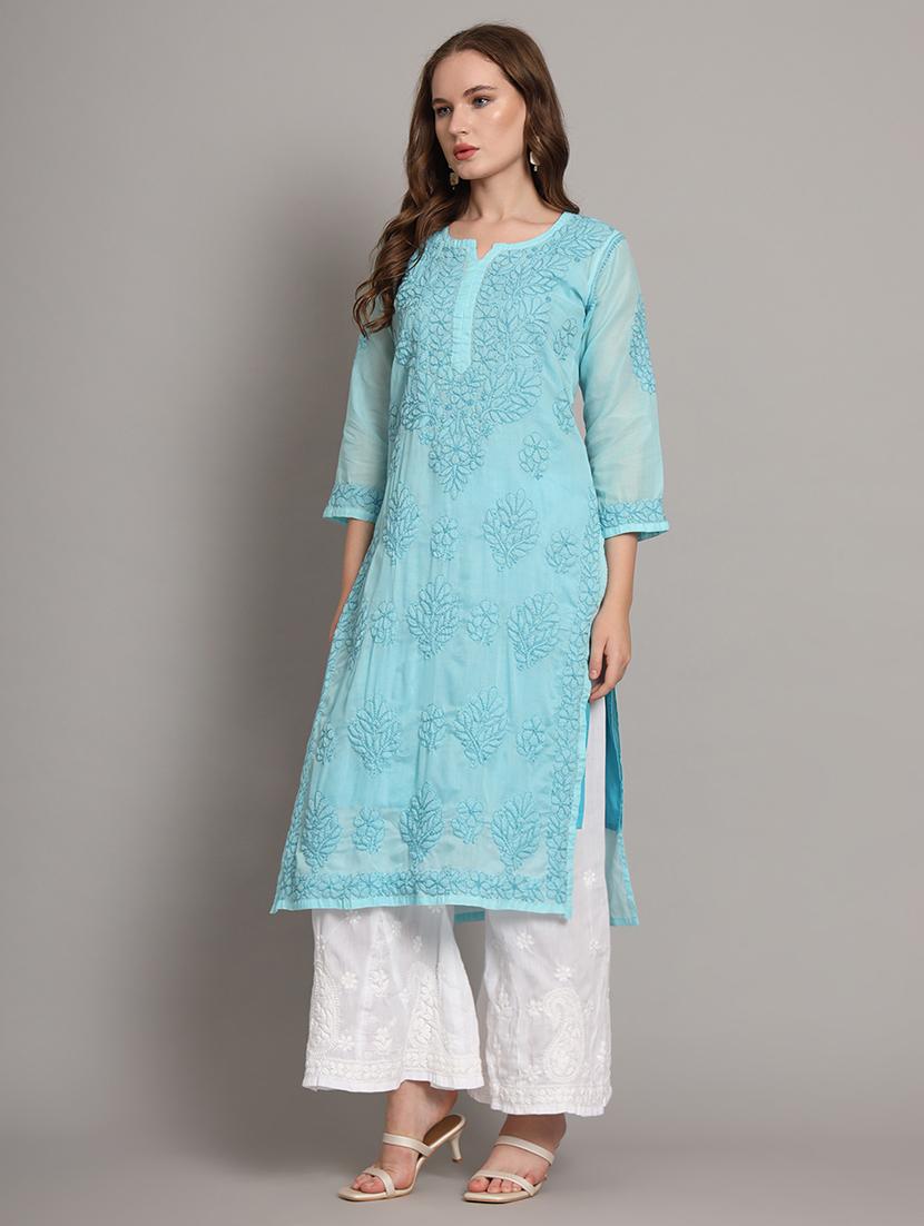 women chikankari three quarter sleeve straight kurta - 21650895 - Standard Image - 1
