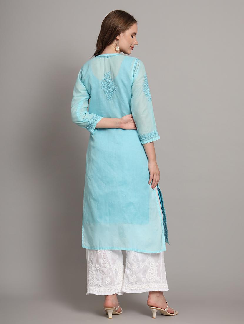 women chikankari three quarter sleeve straight kurta - 21650895 - Standard Image - 4
