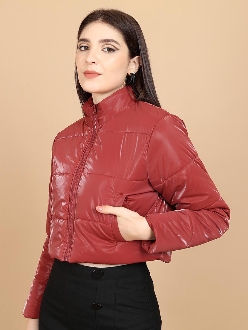 women red solid long sleeve puffer jacket - 21650962 - Standard Image - 1