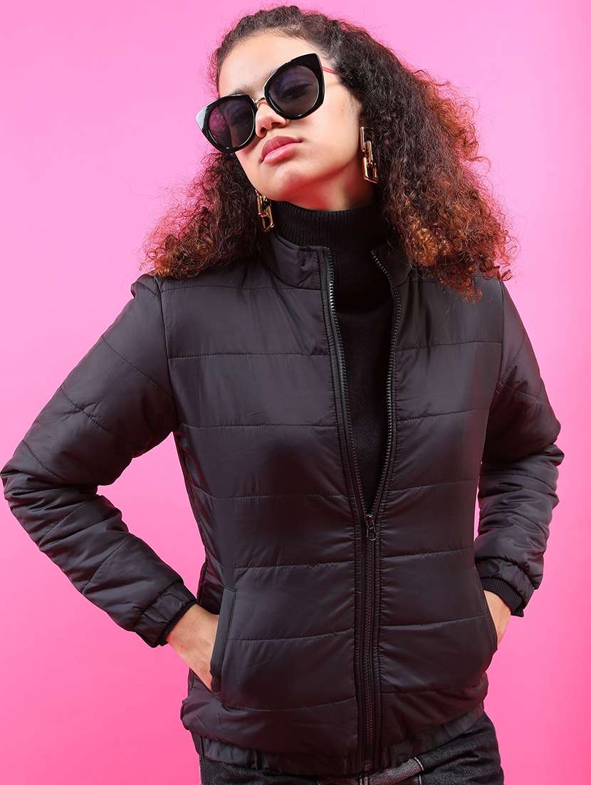 women solid long sleeves quilted jacket