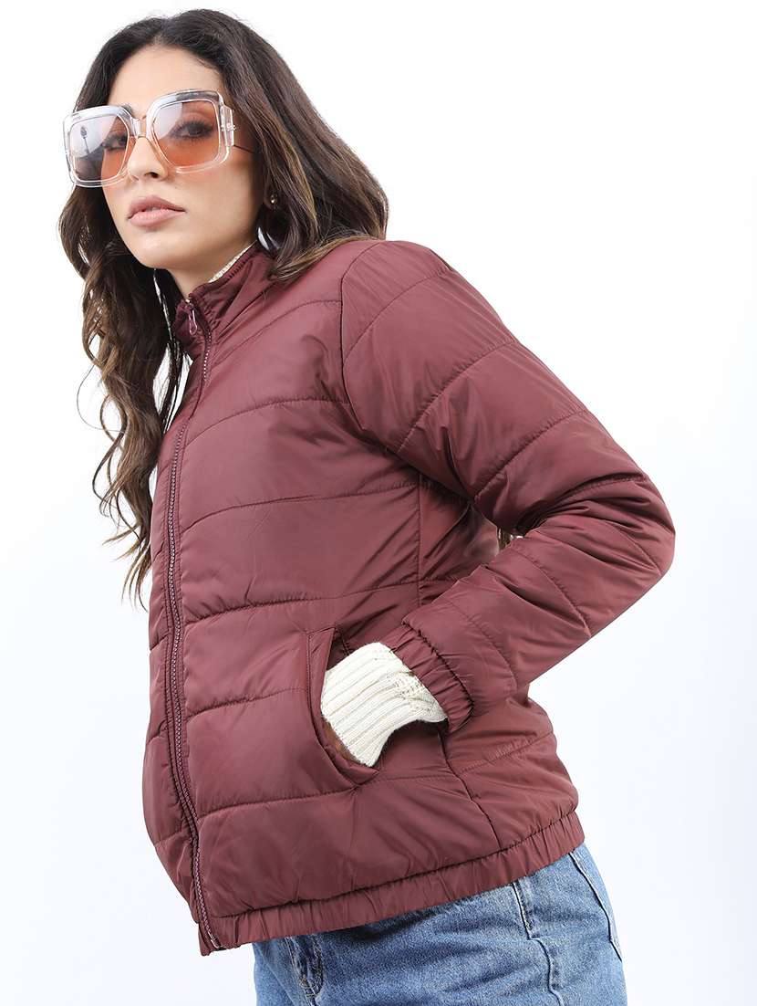 women solid long sleeves quilted jacket