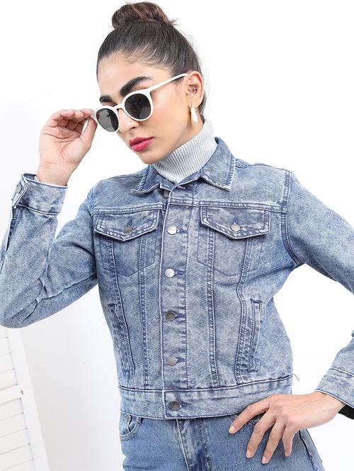 women long sleeves solid denim jacket - 21650993 -  Standard Image - 0