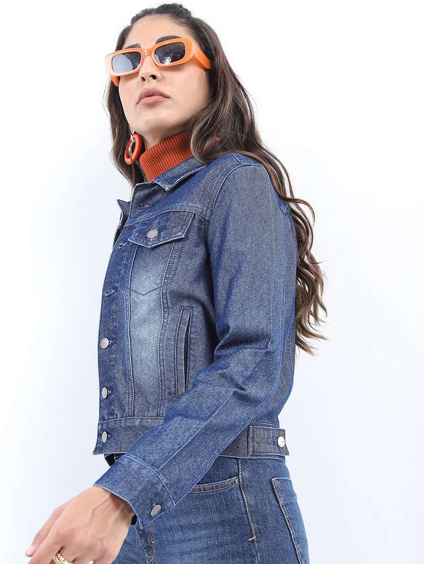 women long sleeves solid denim jacket - 21650994 -  Standard Image - 1