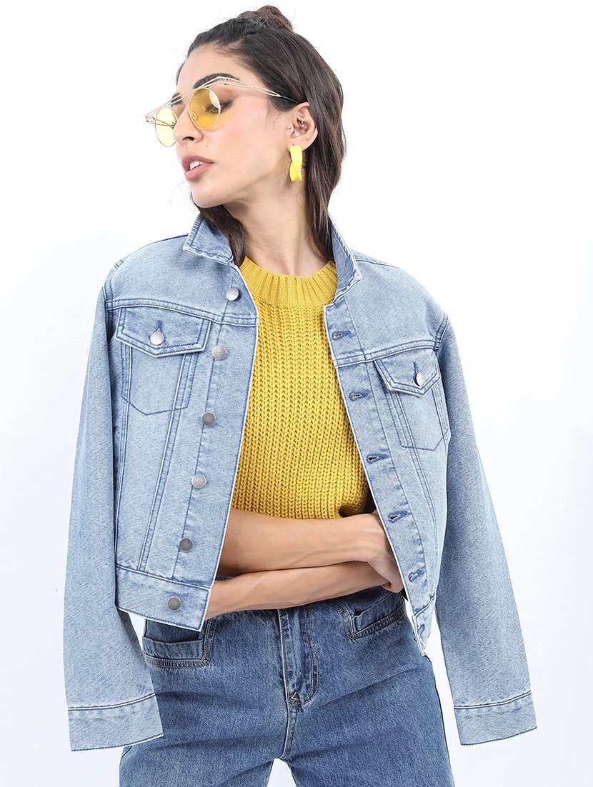 women long sleeves solid denim jacket