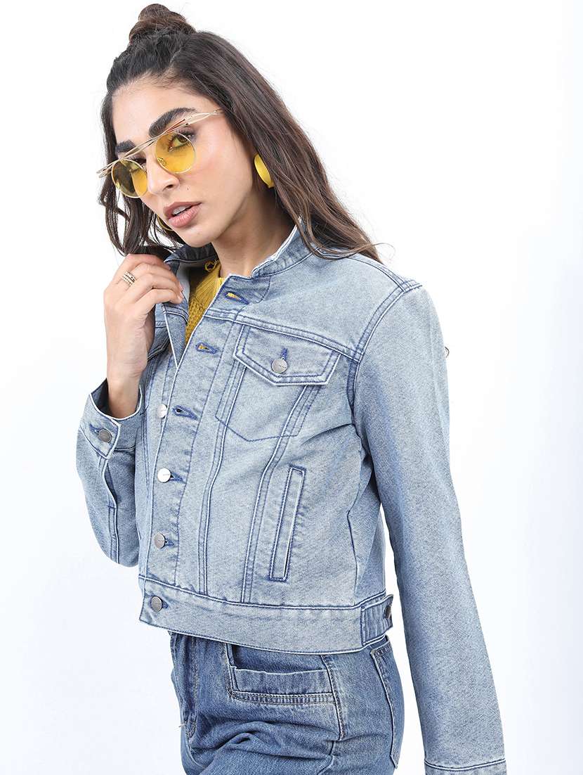 women long sleeves solid denim jacket - 21650995 - Standard Image - 1