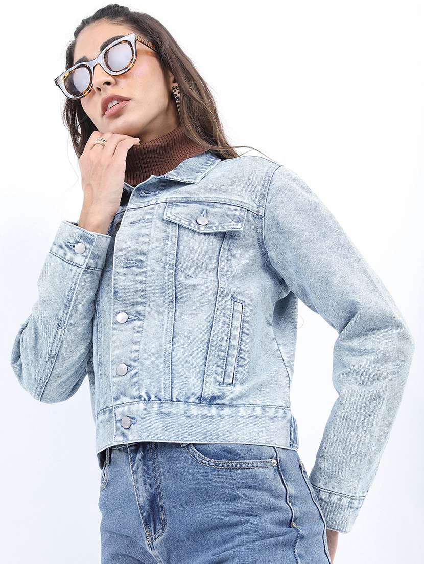 women long sleeves solid denim jacket - 21650996 - Standard Image - 1