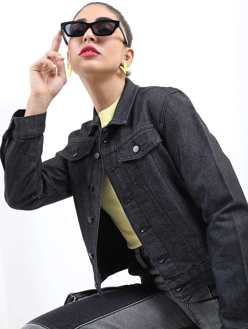 women long sleeves solid denim jacket - 21650997 -  Standard Image - 1