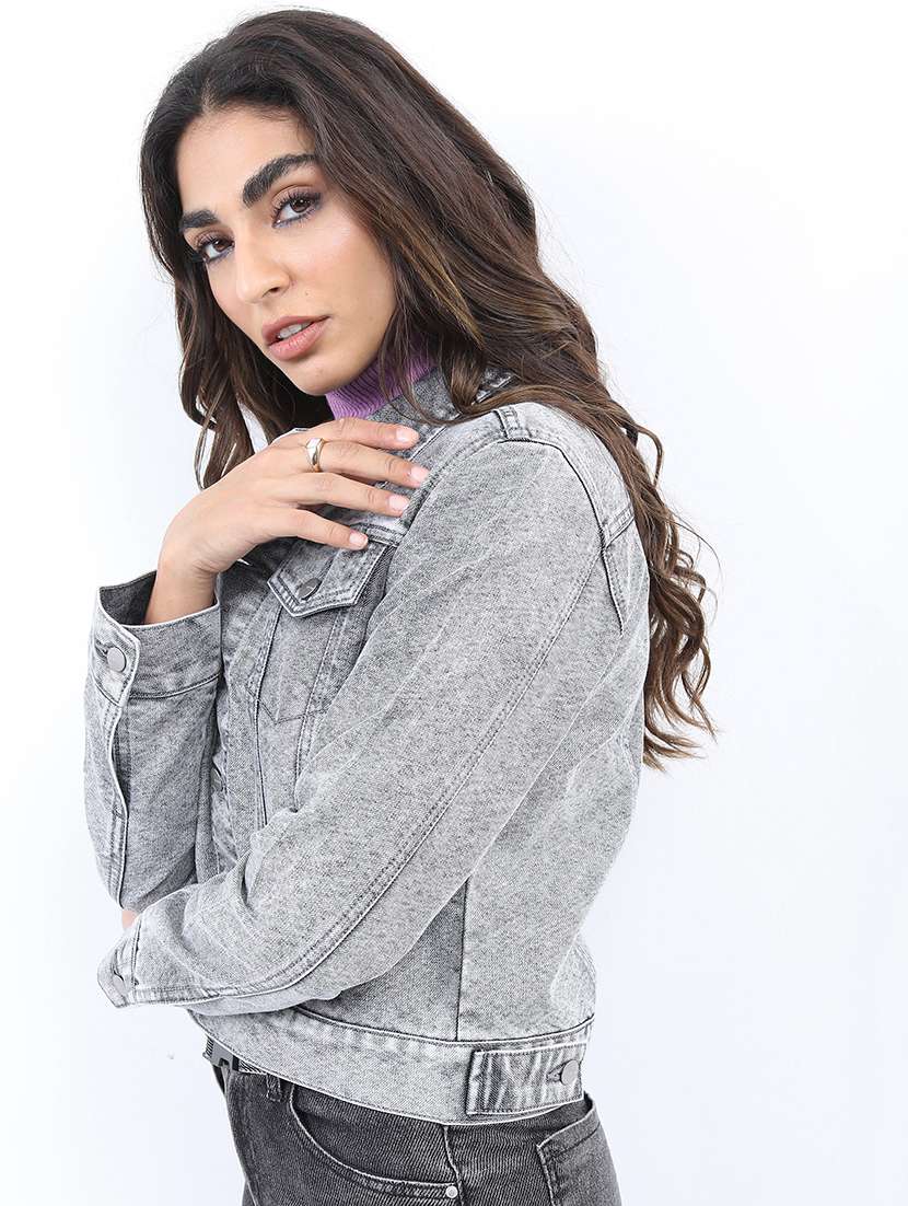 women long sleeves solid denim jacket - 21650999 -  Standard Image - 1