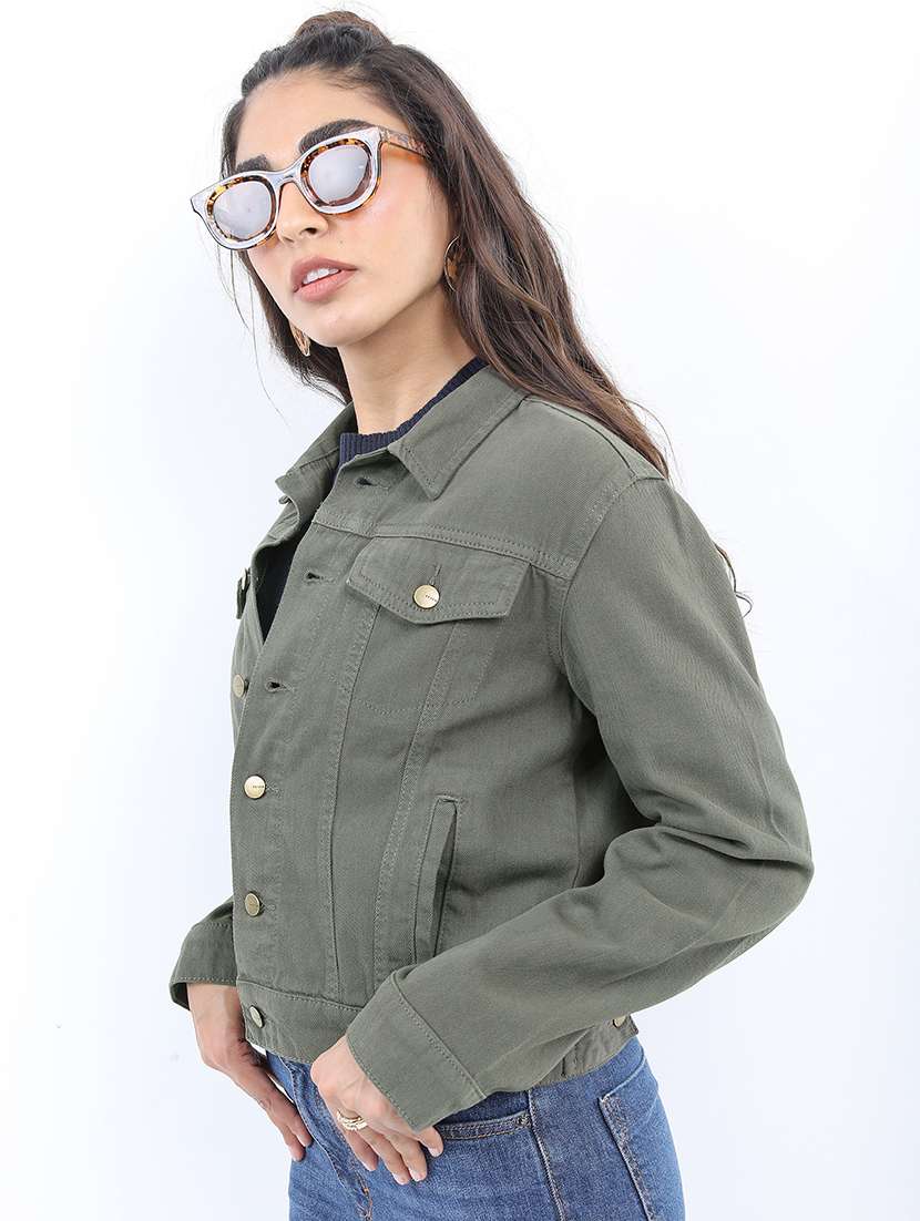 women long sleeves solid denim jacket
