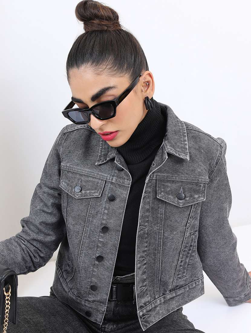 women long sleeves solid denim jacket - 21651003 - Standard Image - 1