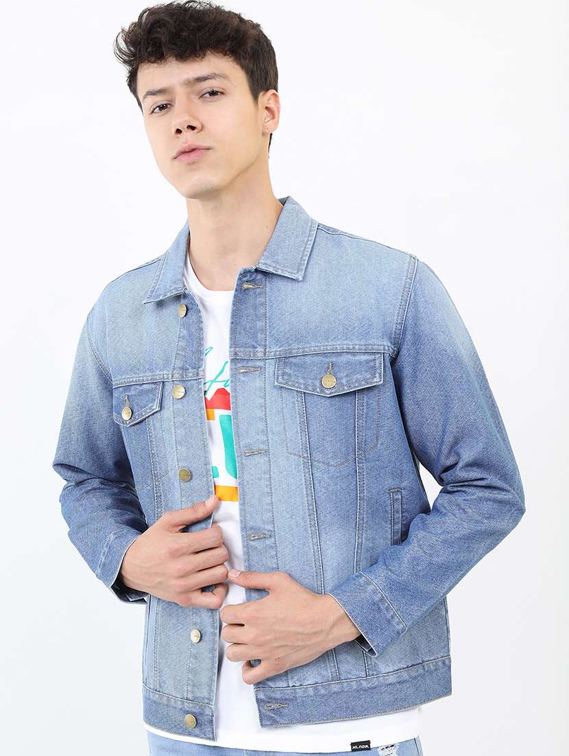men solid long sleeve denim jacket