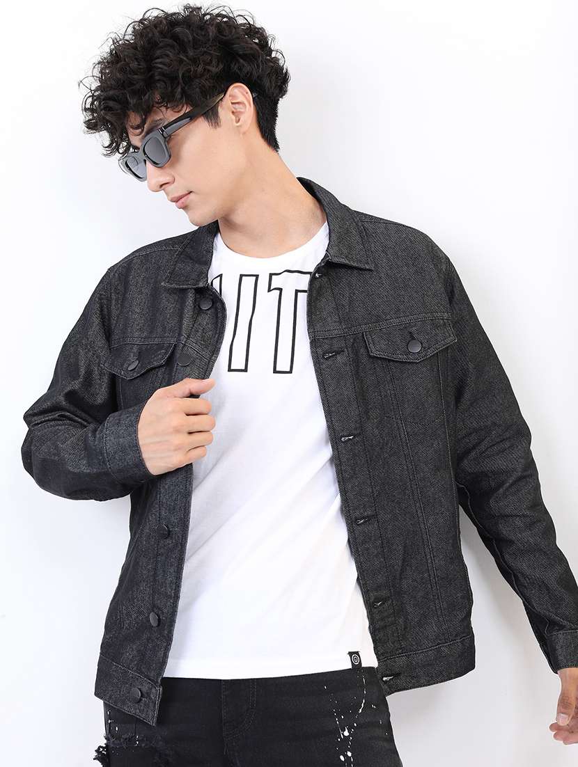 men solid long sleeve denim jacket