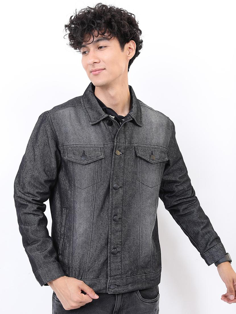 men solid long sleeve denim jacket