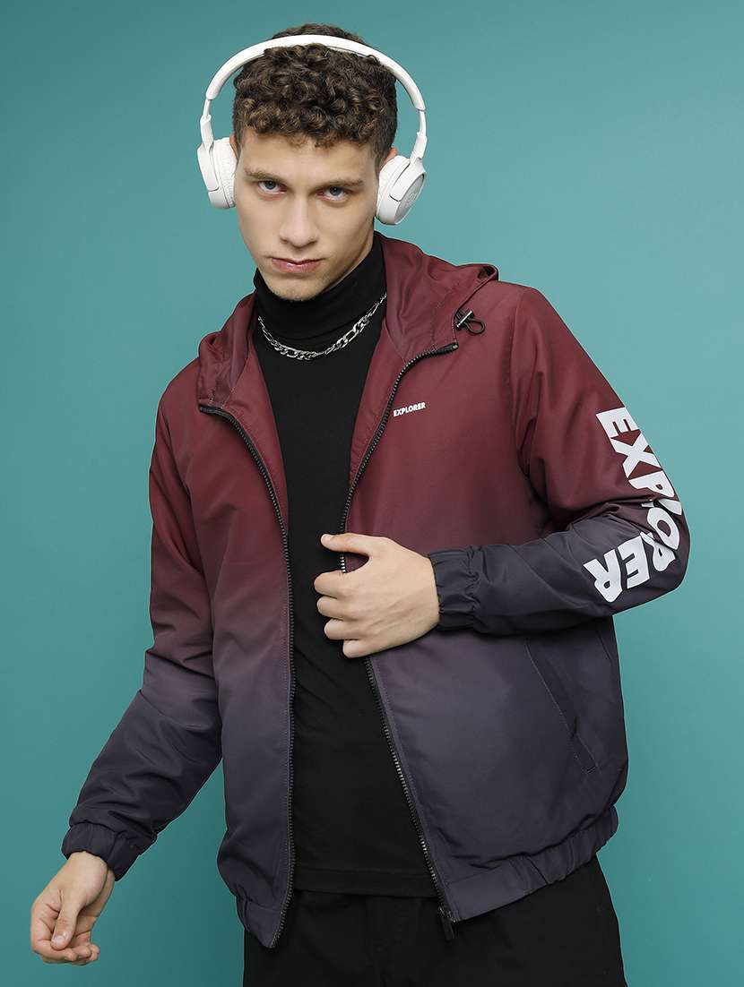 men printed long sleeve hooded bomber jacket