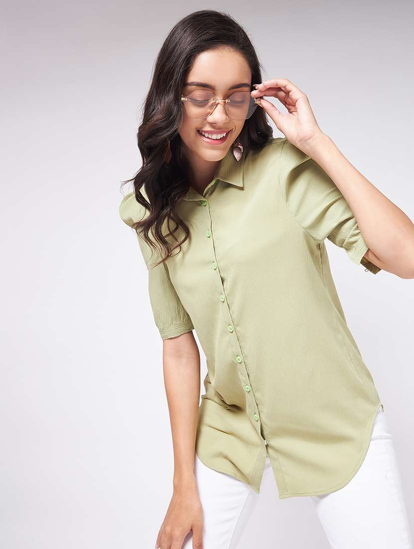 women solid puff sleeves shirt style top - 21651100 - Standard Image - 1