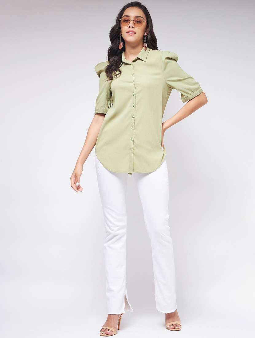 women solid puff sleeves shirt style top - 21651100 - Standard Image - 4