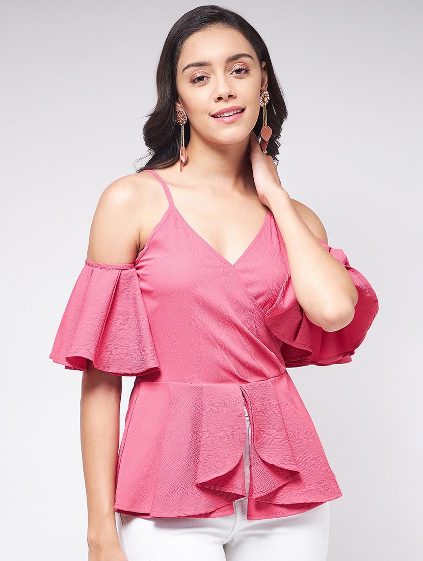 women solid colod shoulder pepelum top - 21651102 -  Zoom Image - 0