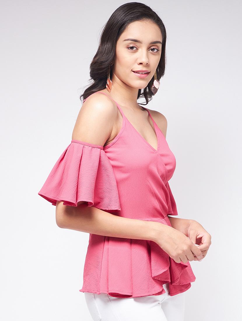 women solid colod shoulder pepelum top - 21651102 -  Standard Image - 1