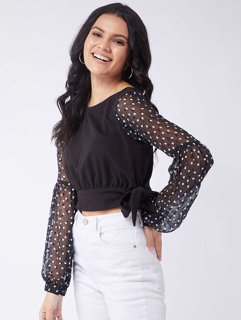 women polka doted puff sleeves crop top - 21651115 -  Standard Image - 1