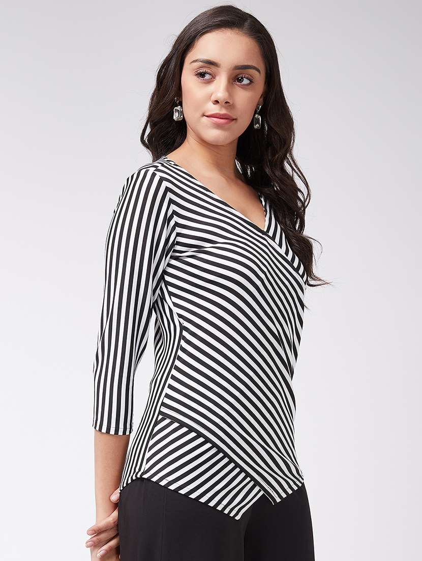 women striped overlap neck asymmetric top - 21651126 - Standard Image - 1