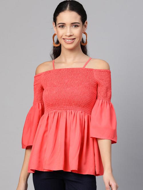 women solid smocked detailed off shoulder top - 21651130 - Standard Image - 0