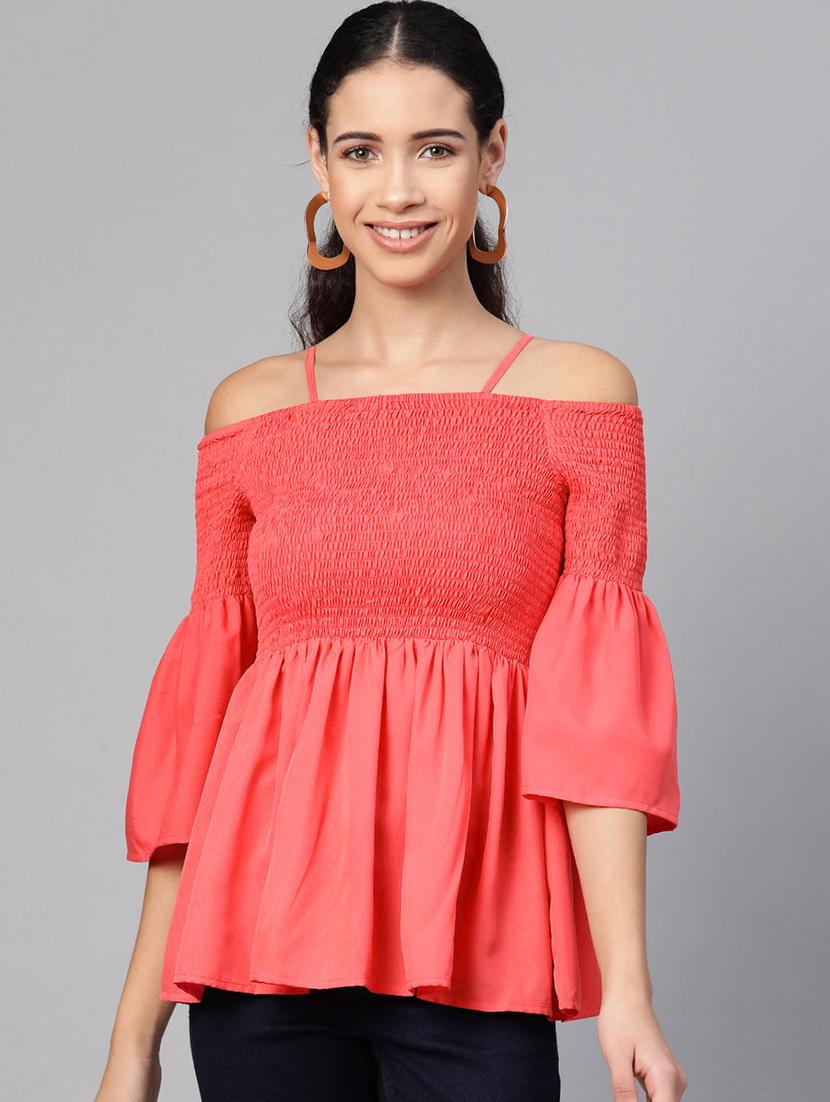 women solid smocked detailed off shoulder top - 21651130 - Zoom Image - 0