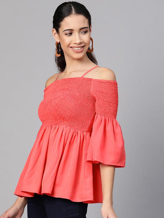 women solid smocked detailed off shoulder top - 21651130 -  Standard Image - 1