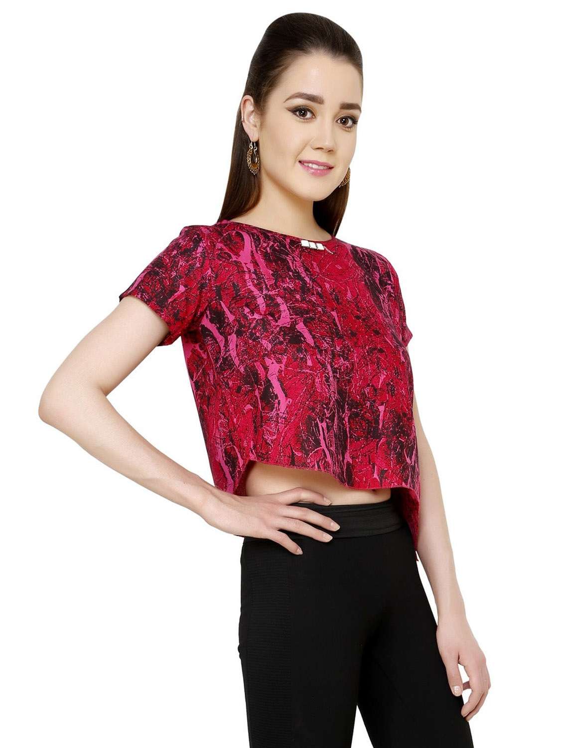 women pink printed round neck crop top - 21651224 - Standard Image - 1
