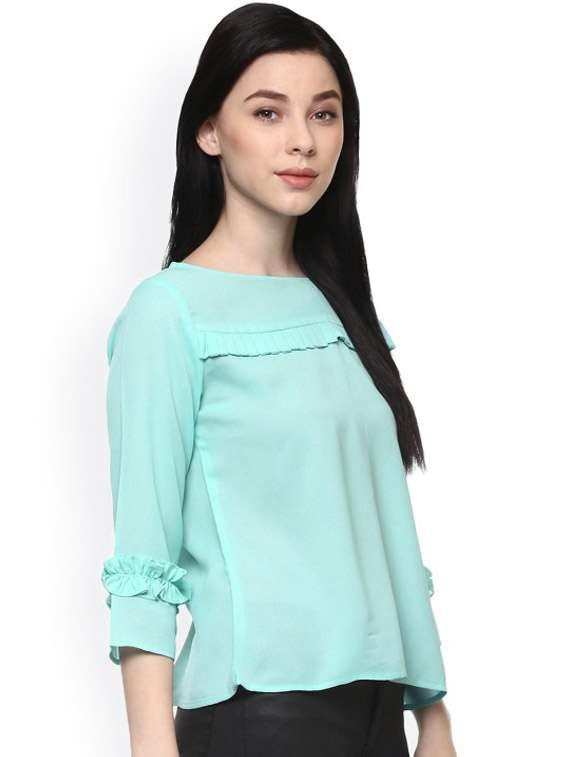 women light blue solid three quarter sleeve top - 21651225 - Standard Image - 1